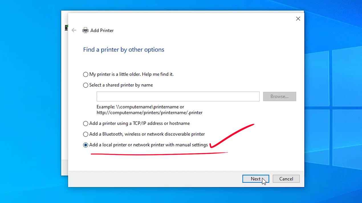 Add a local printer or network printer with manual settings
