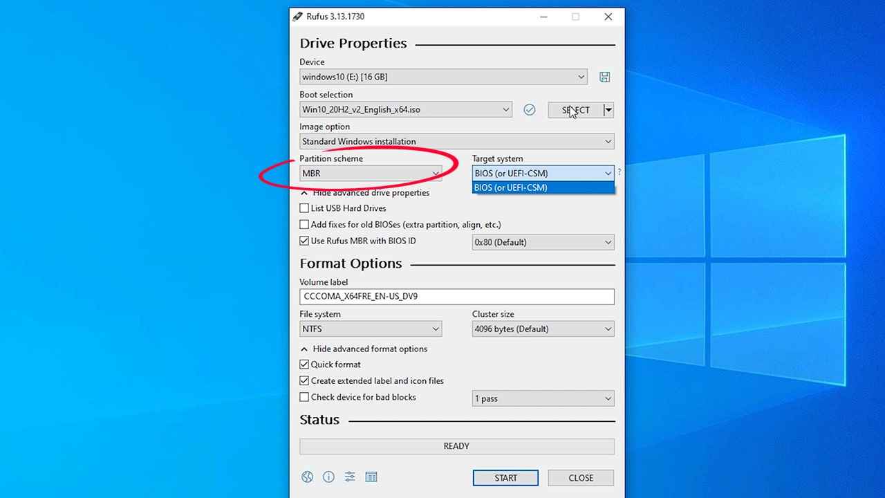 Change the partition scheme from GPT to MBR Rufus