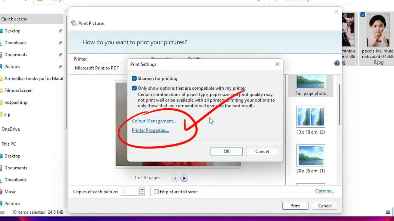 Colour management and printer properties in Windows 11 Print Pictures