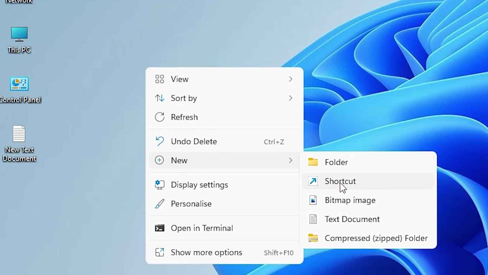 Create new shortcut in Windows 11 operating system