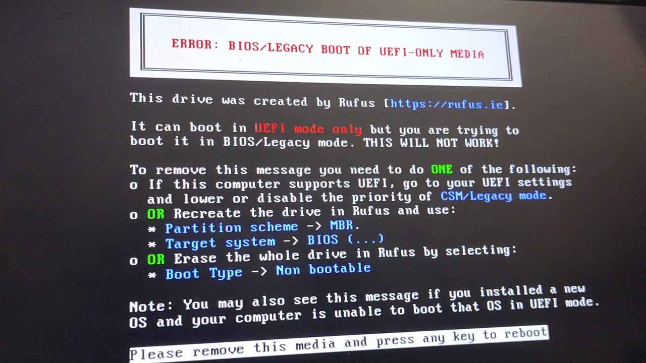 Fixing the BIOS Legacy Boot of UEFI Only Media Error