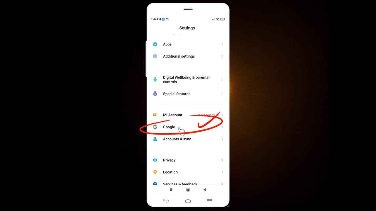 Google option in Android mobile settings