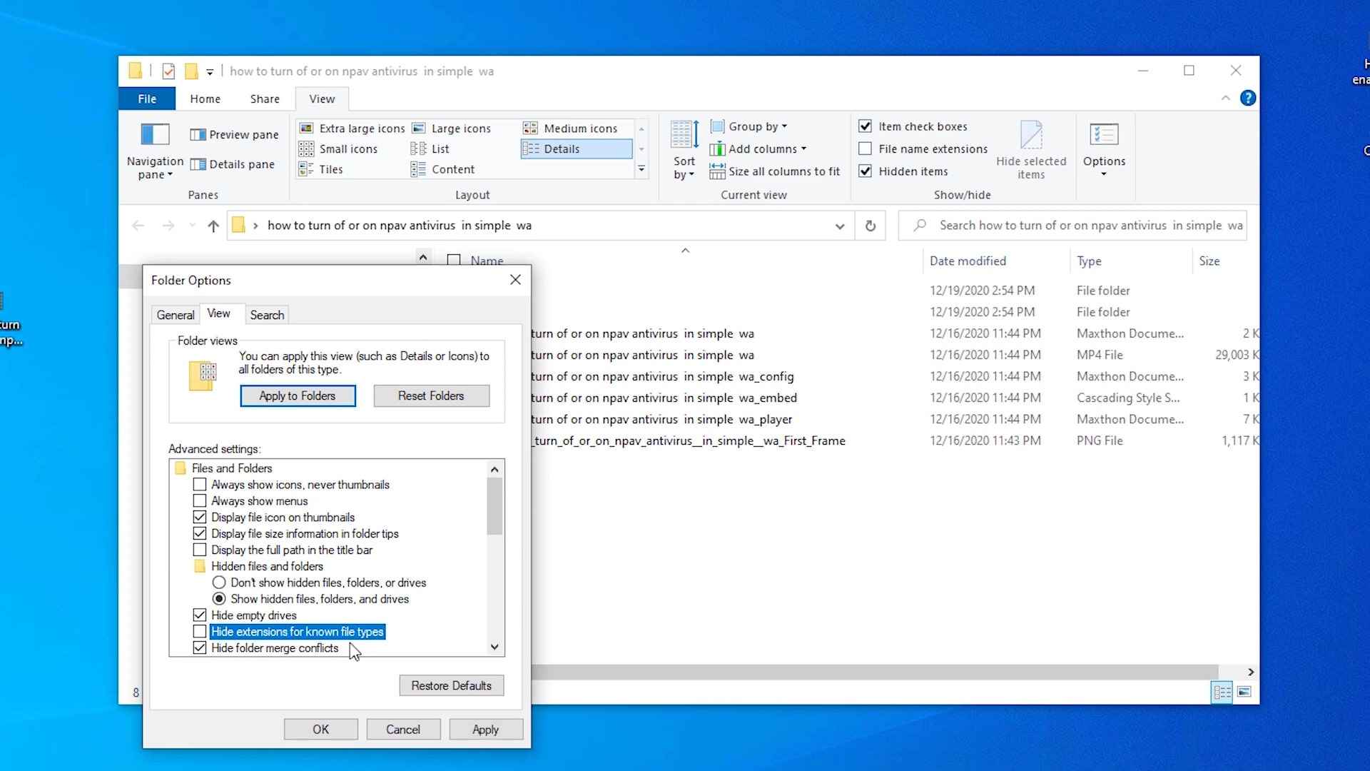 How to turn on hidden file extensions in Windows