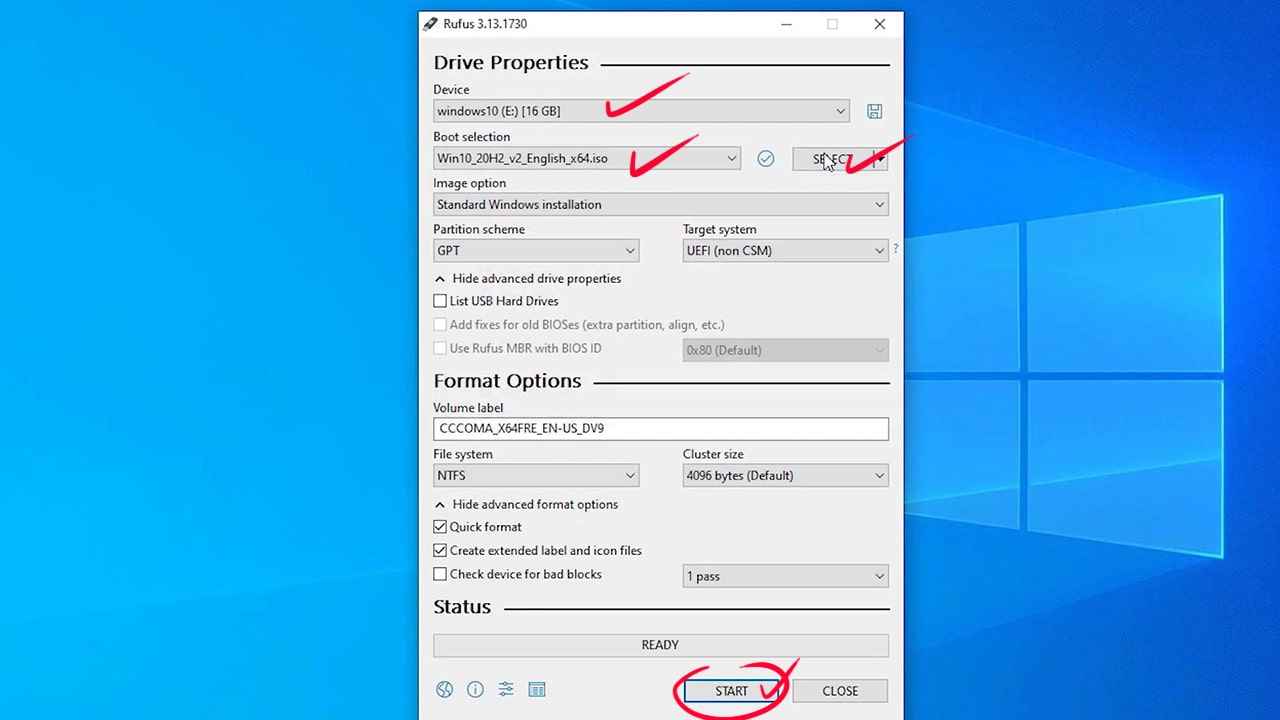 Select both the ISO Image and the USB drive then click Start on Rufus