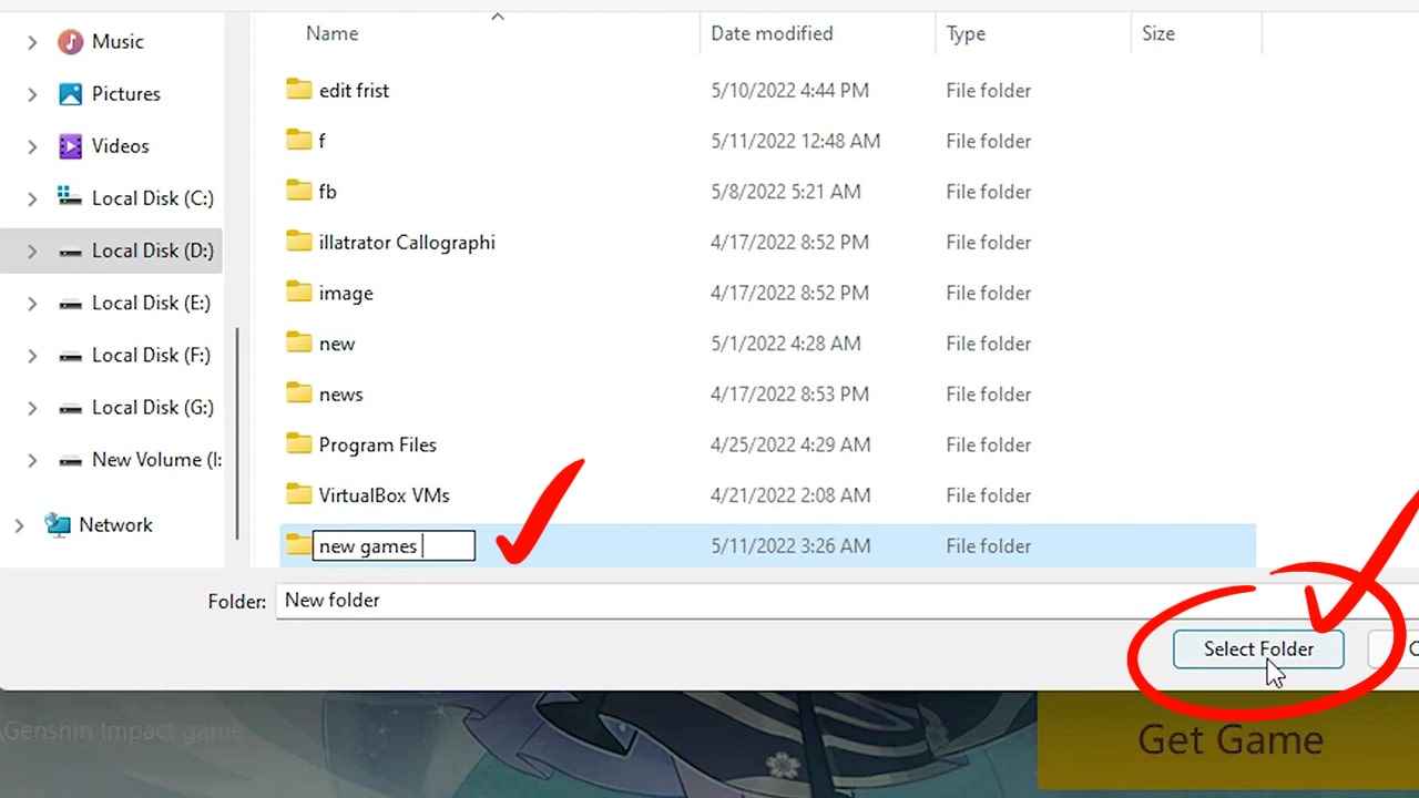 Select the newly created folder for Genshin impact installation