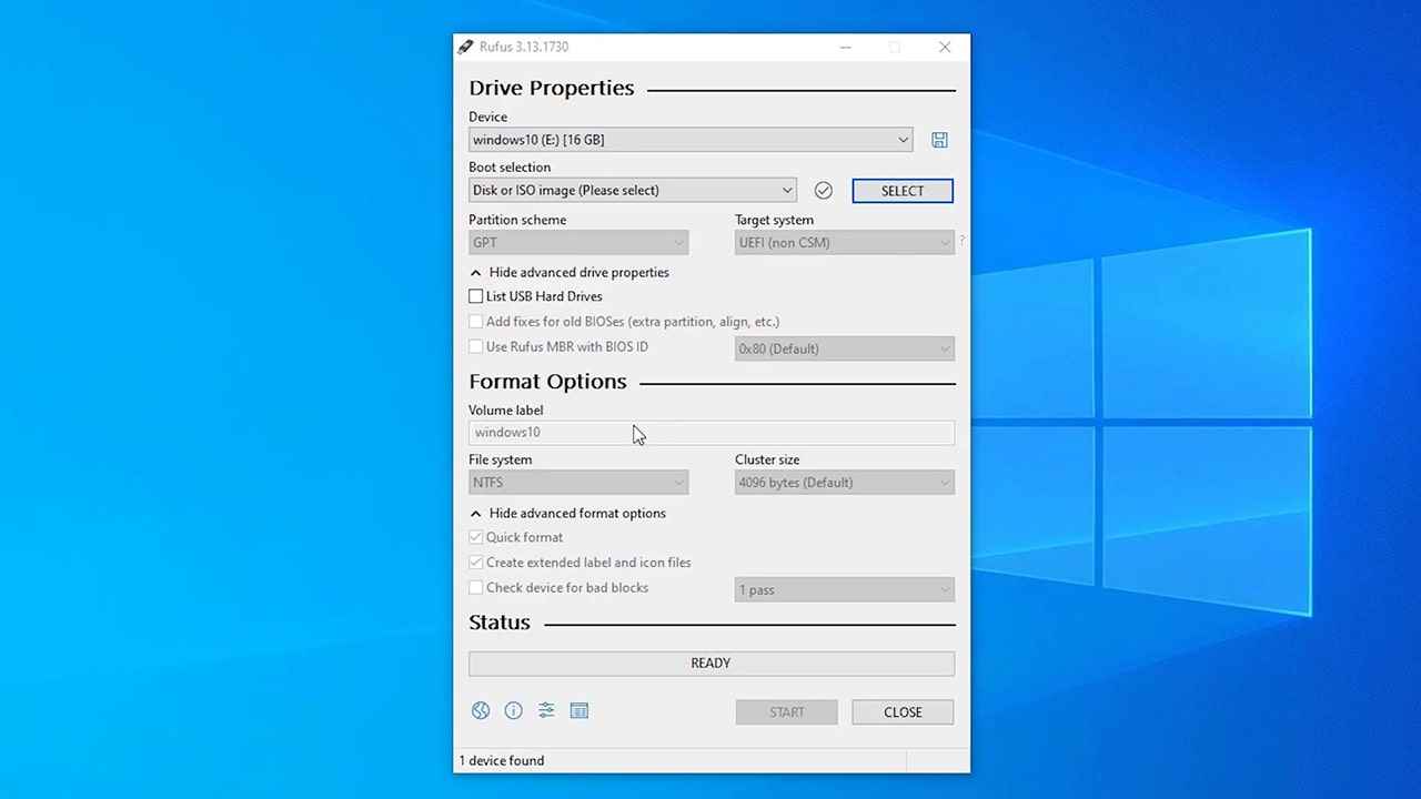 bootable USB drive in Rufus