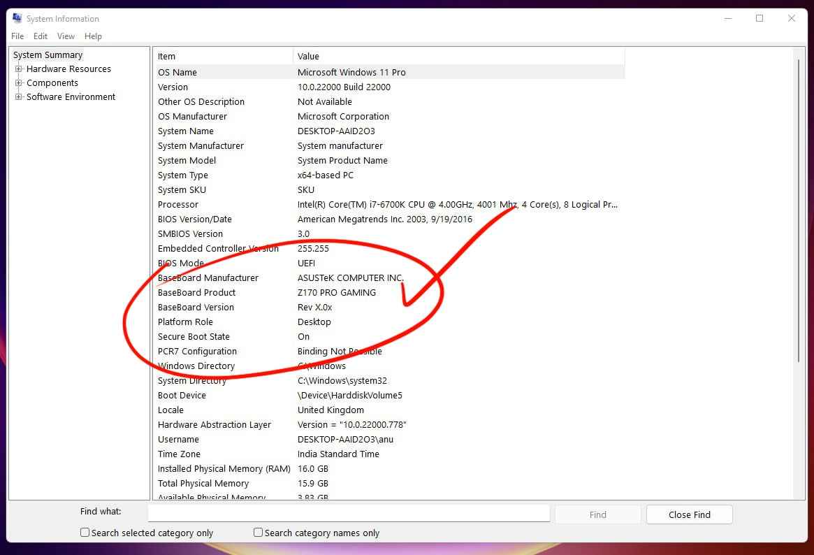 check motherboard model in System Information Tools in Windows 11