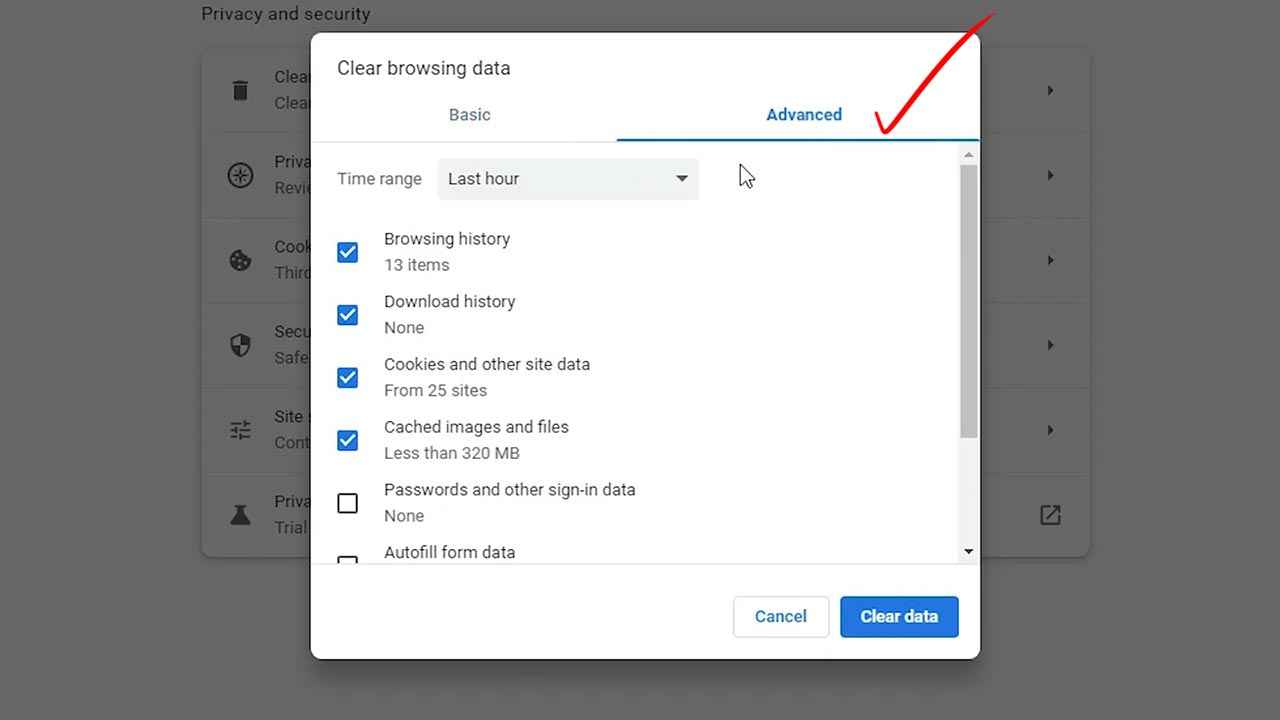 clear browsing data Advanced tab