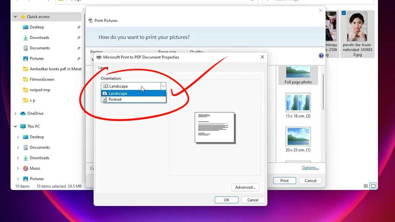 landscape or portrait in printer properties in Windows 11 Print Pictures