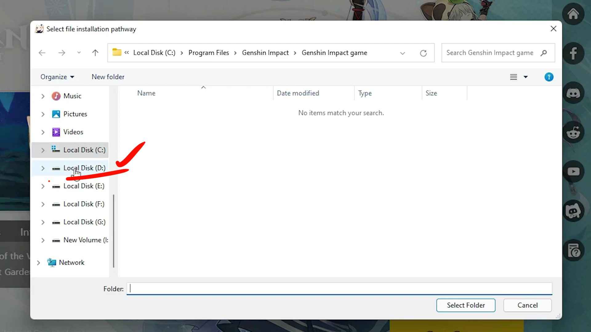 select d drive or other Drive for Genshin impact installation
