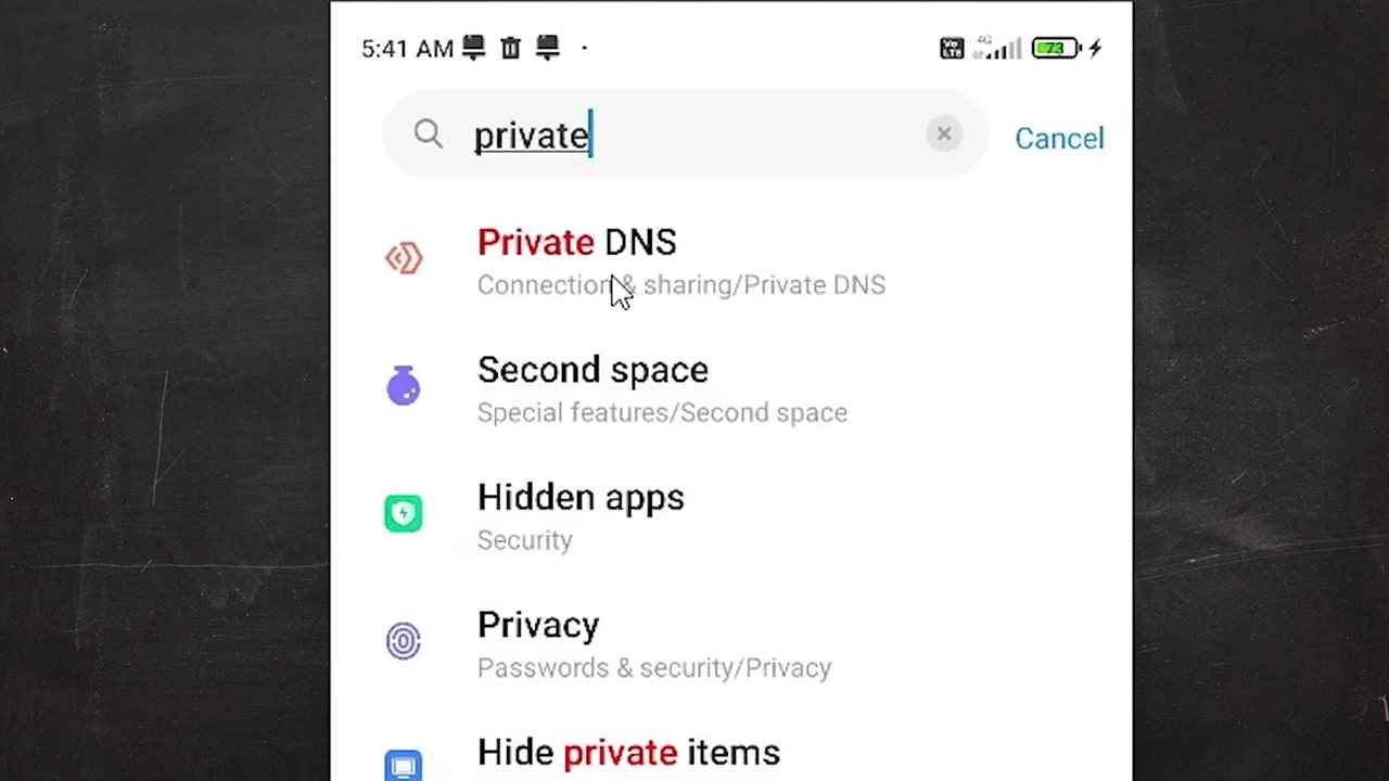 search Private DNS in settings