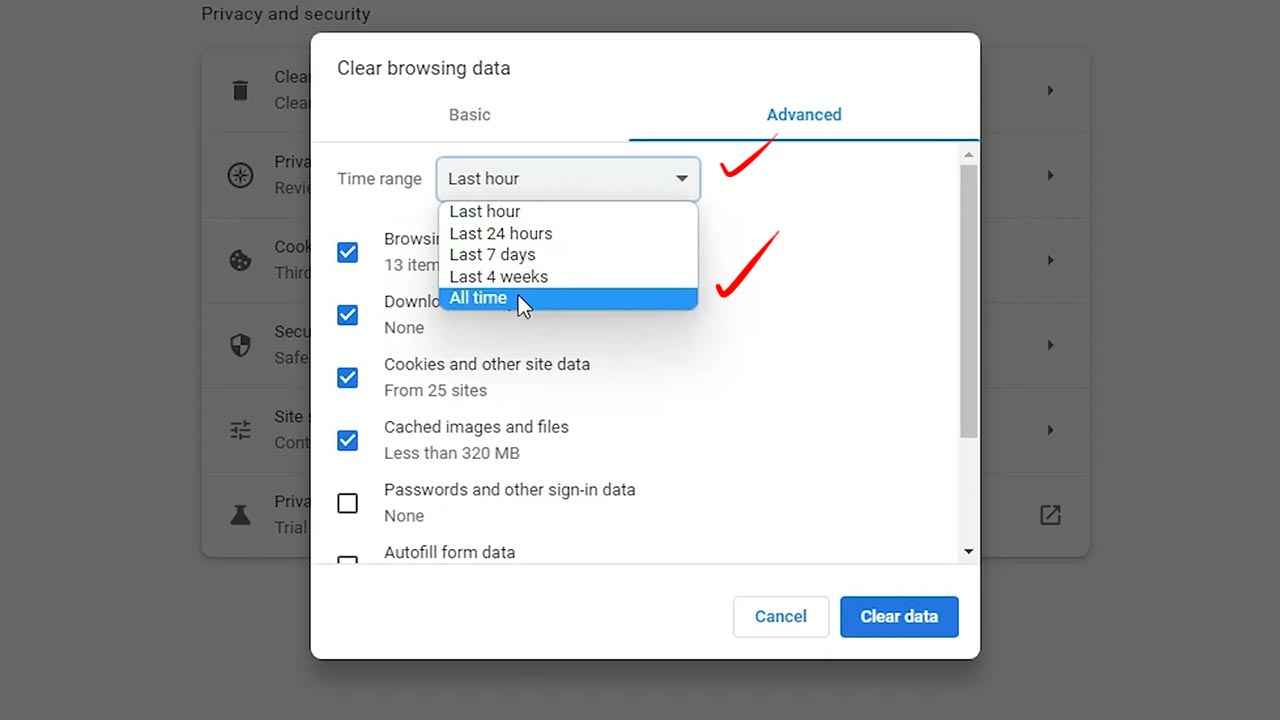 clear browsing data Advanced tab Time range Select to All Time