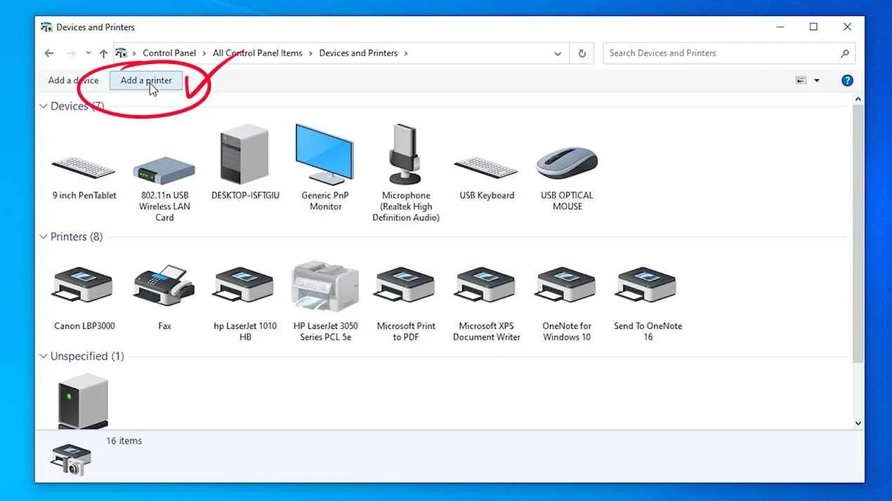 Add a Printer in Devices and Printers