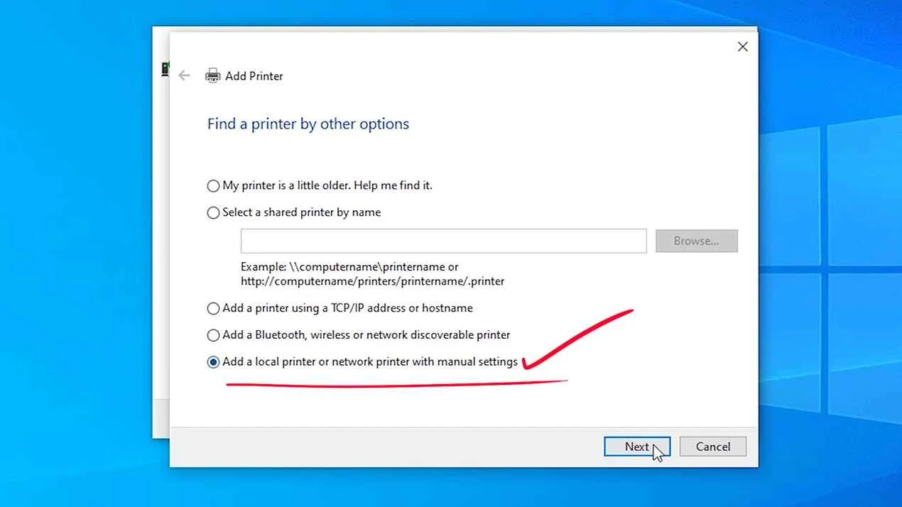 Add a local printer or network printer with manual settings