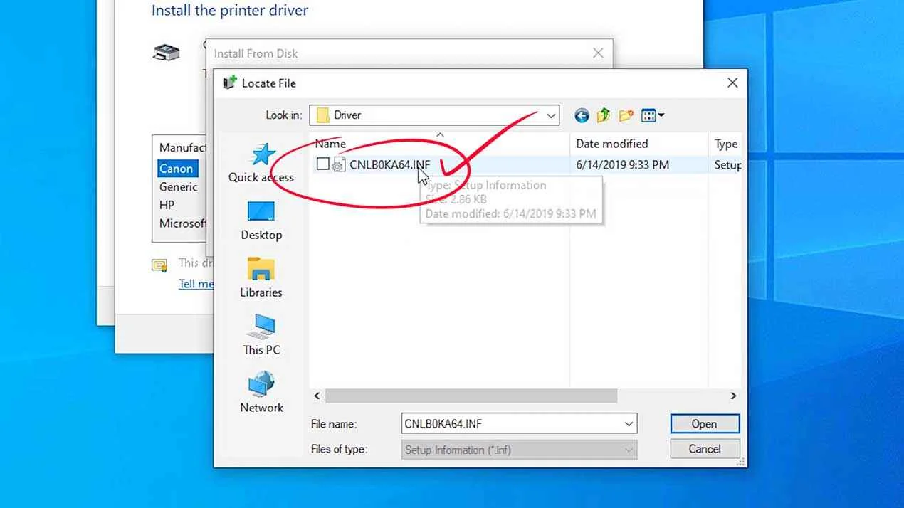 Browse to the printer driver folder