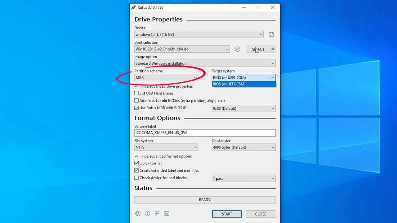 Change the partition scheme from GPT to MBR Rufus