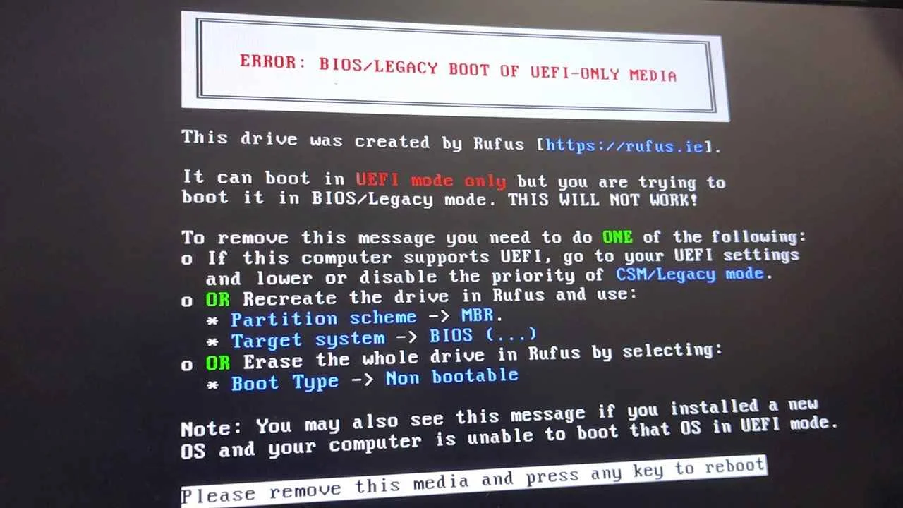 Fixing the BIOS Legacy Boot of UEFI Only Media Error