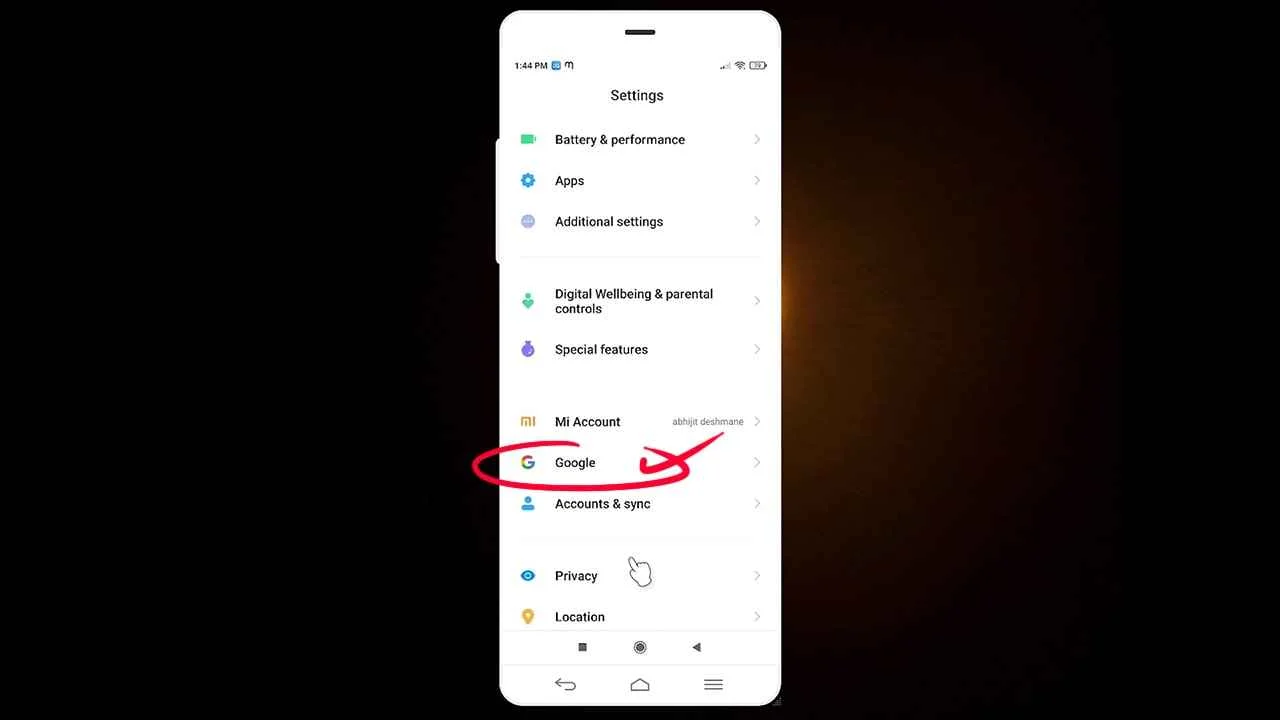 Google option in settings
