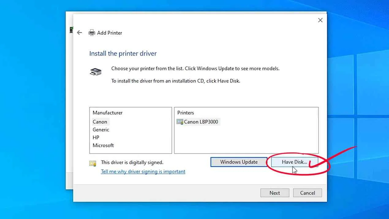 Have a disk in Add printer
