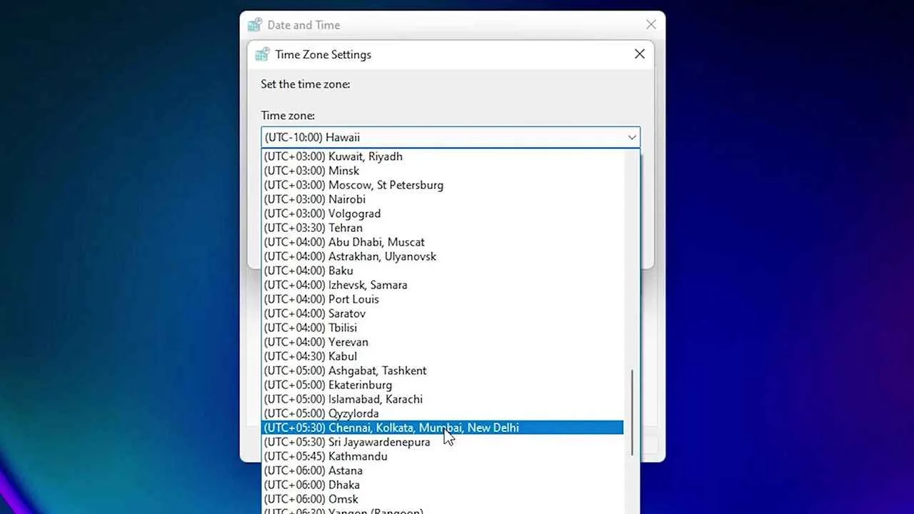 Select Time zone in Windows 11