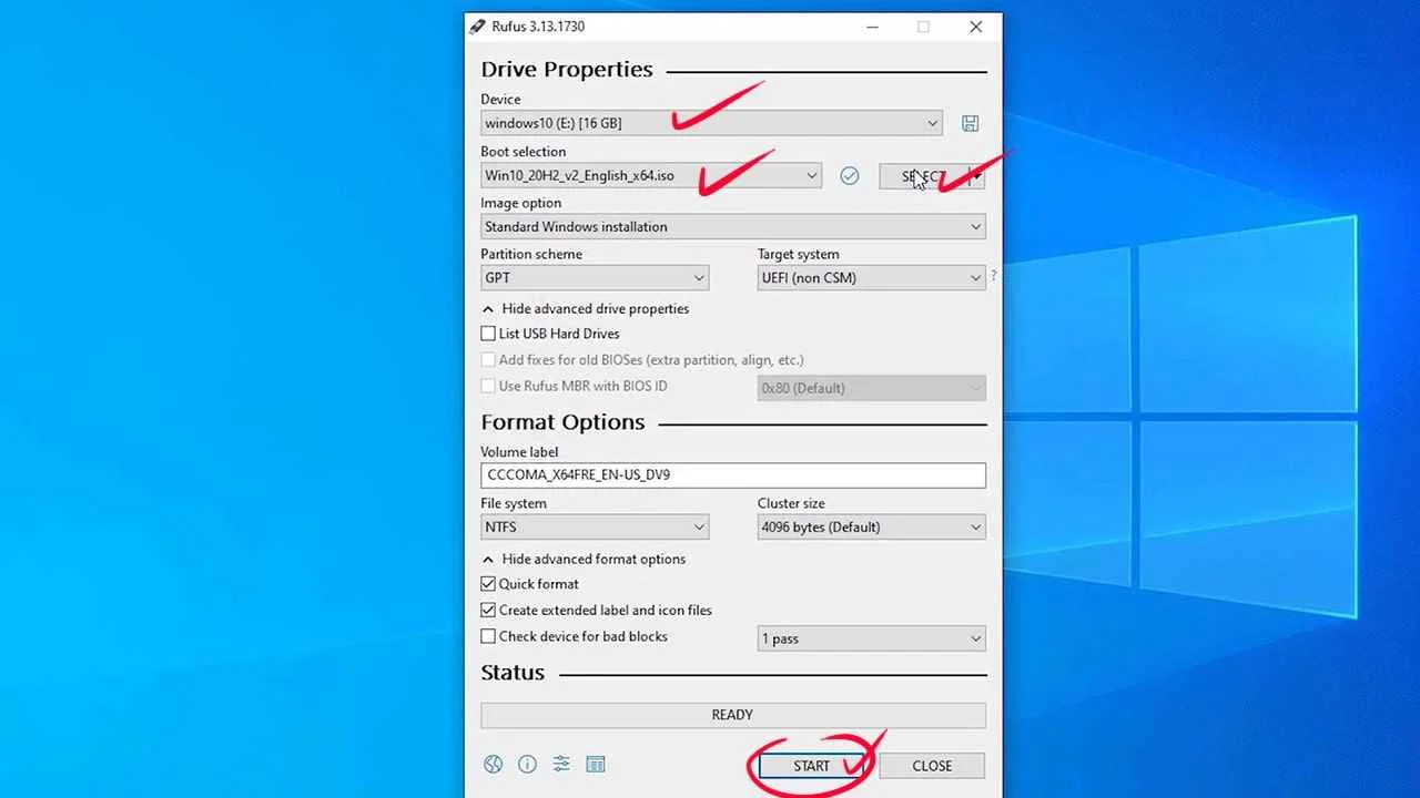 Select both the ISO Image and the USB drive then click Start on Rufus
