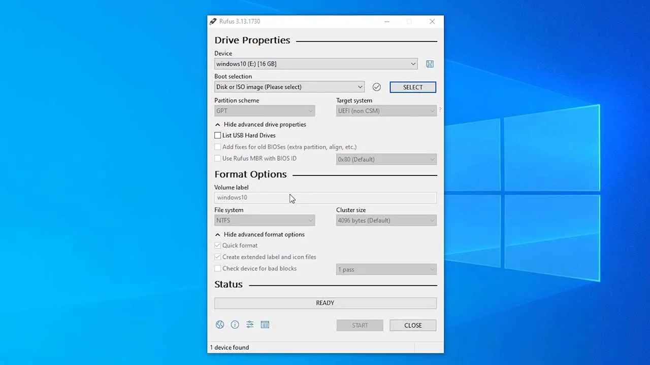 bootable USB drive in Rufus