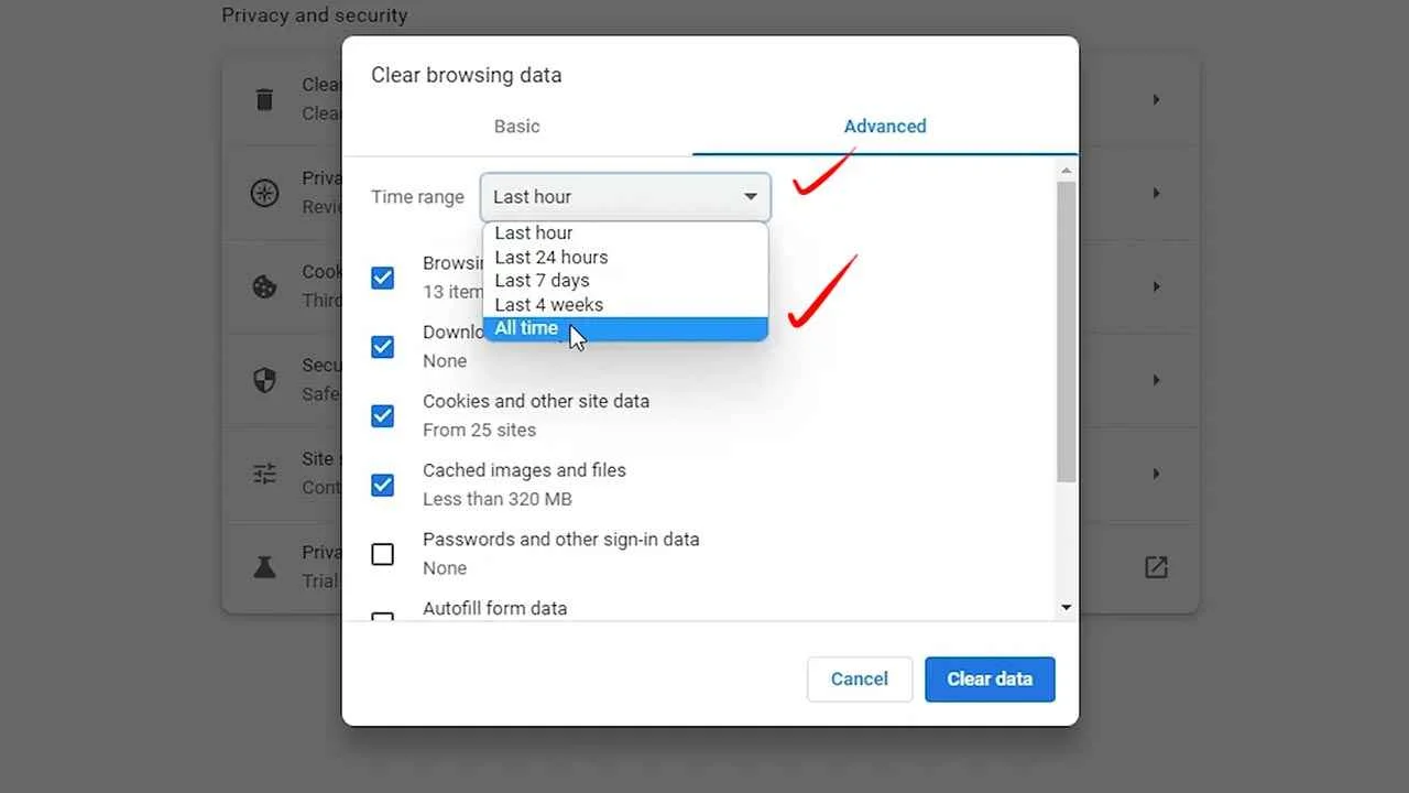 clear browsing data Advanced tab Time range Select to All Time