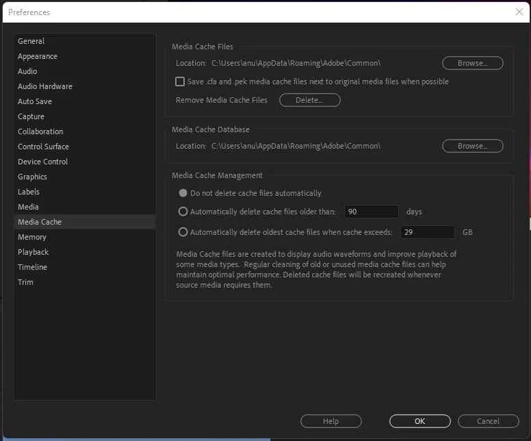 delete Media Cache in Adobe Premiere Pro