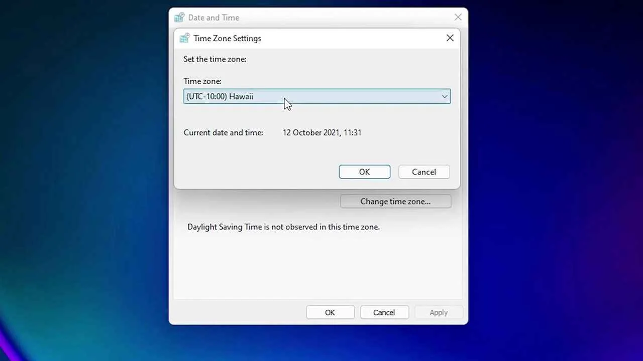 time zone Settingss in Windows 11